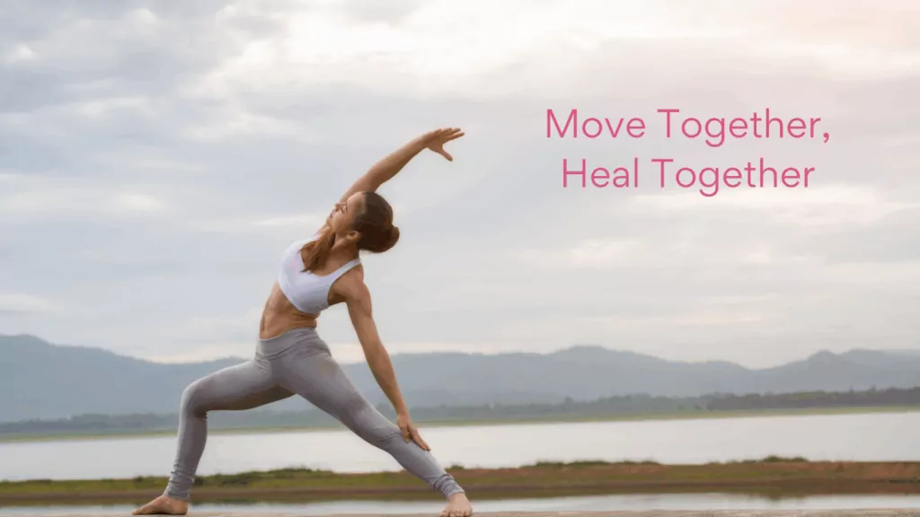Contact banner with ALGSO's slogan: Move Together, Heal Together and a woman doing yoga.