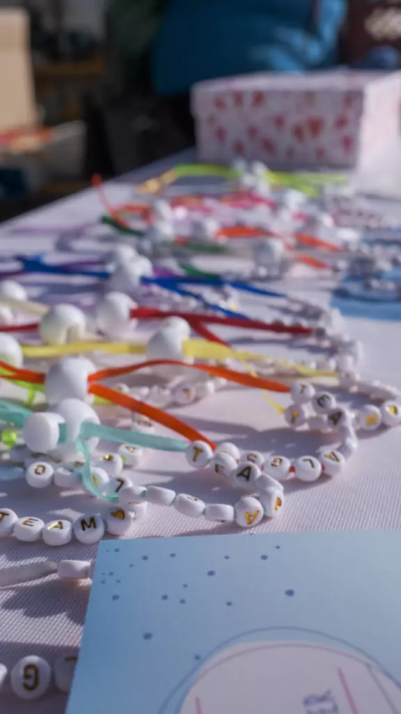 Team ALGSO bracelets in various colours laid out on the stand