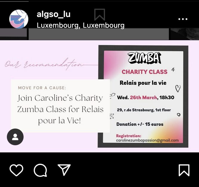 Caroline's Charity Zumba class for Relais pour la Vie 2025 Instagram post
