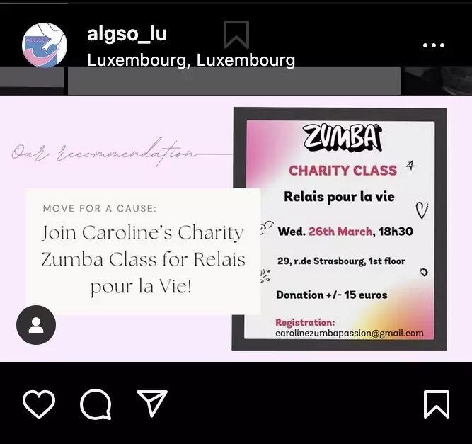 Caroline's Charity Zumba class for Relais pour la Vie 2025 Instagram post