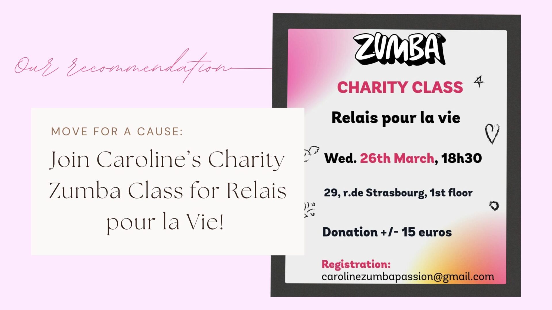 ALGSO's banner for Charity Zumba class for Relais pour la Vie in Luxembourg