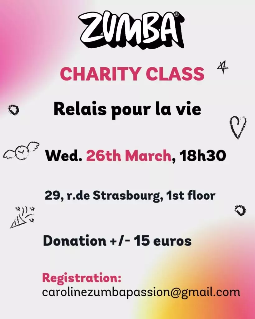 Flyer in English for the Charity Zumba class for Relais pour la Vie Luxembourg 2025