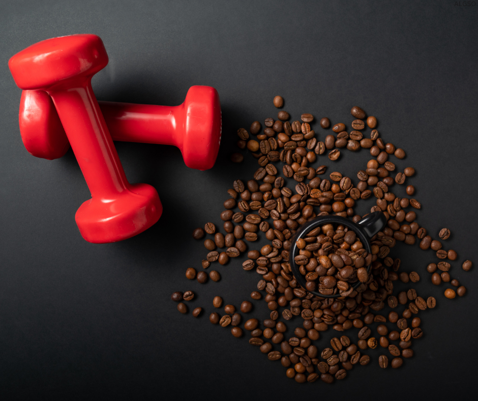 a red dumbbells and coffee beans