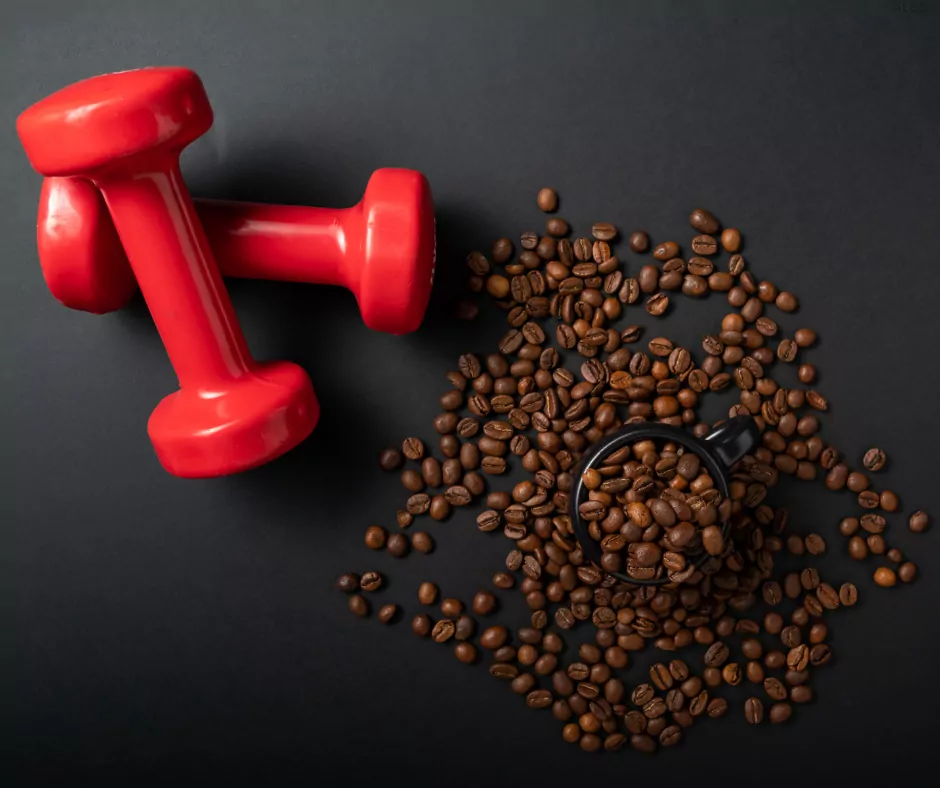 a red dumbbells and coffee beans