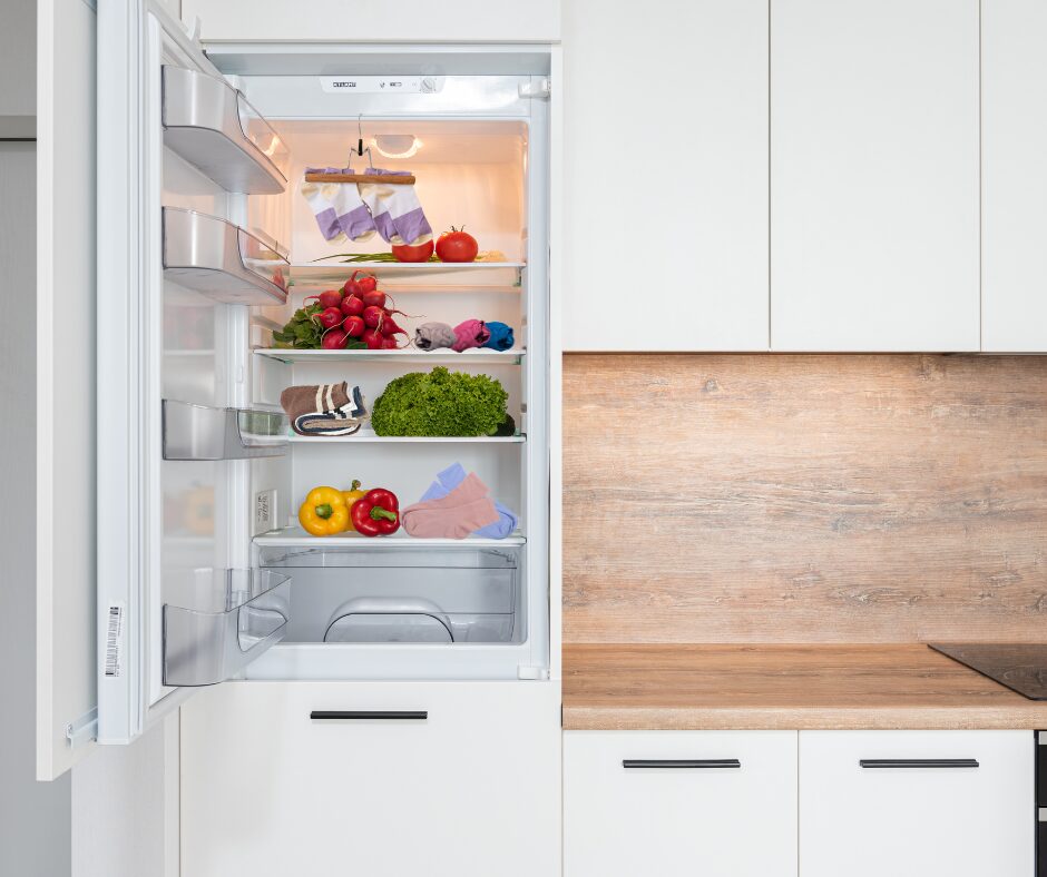 a refrigerator with food and socks on shelves