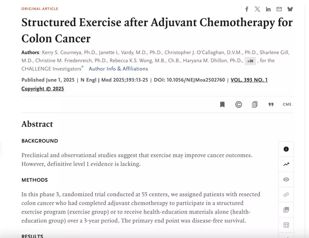 a screenshot of a medical website's article on Structured Exercise after Adjuvant Chemotherapy for Colon Cancer