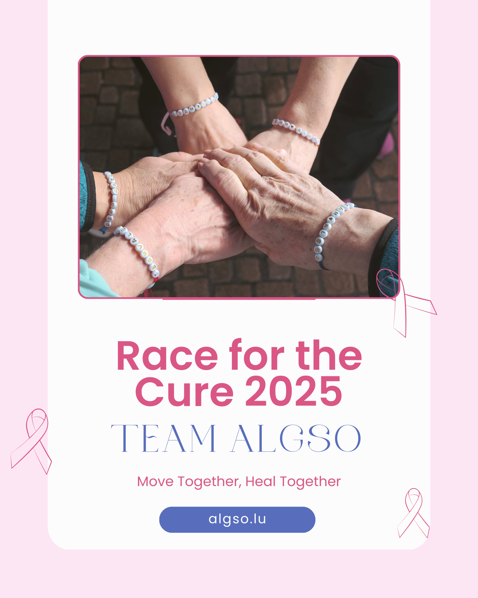 ALGSO Instagram post announcing their participation as Team ALGSO in Race for the Cure 2025 Luxembourg