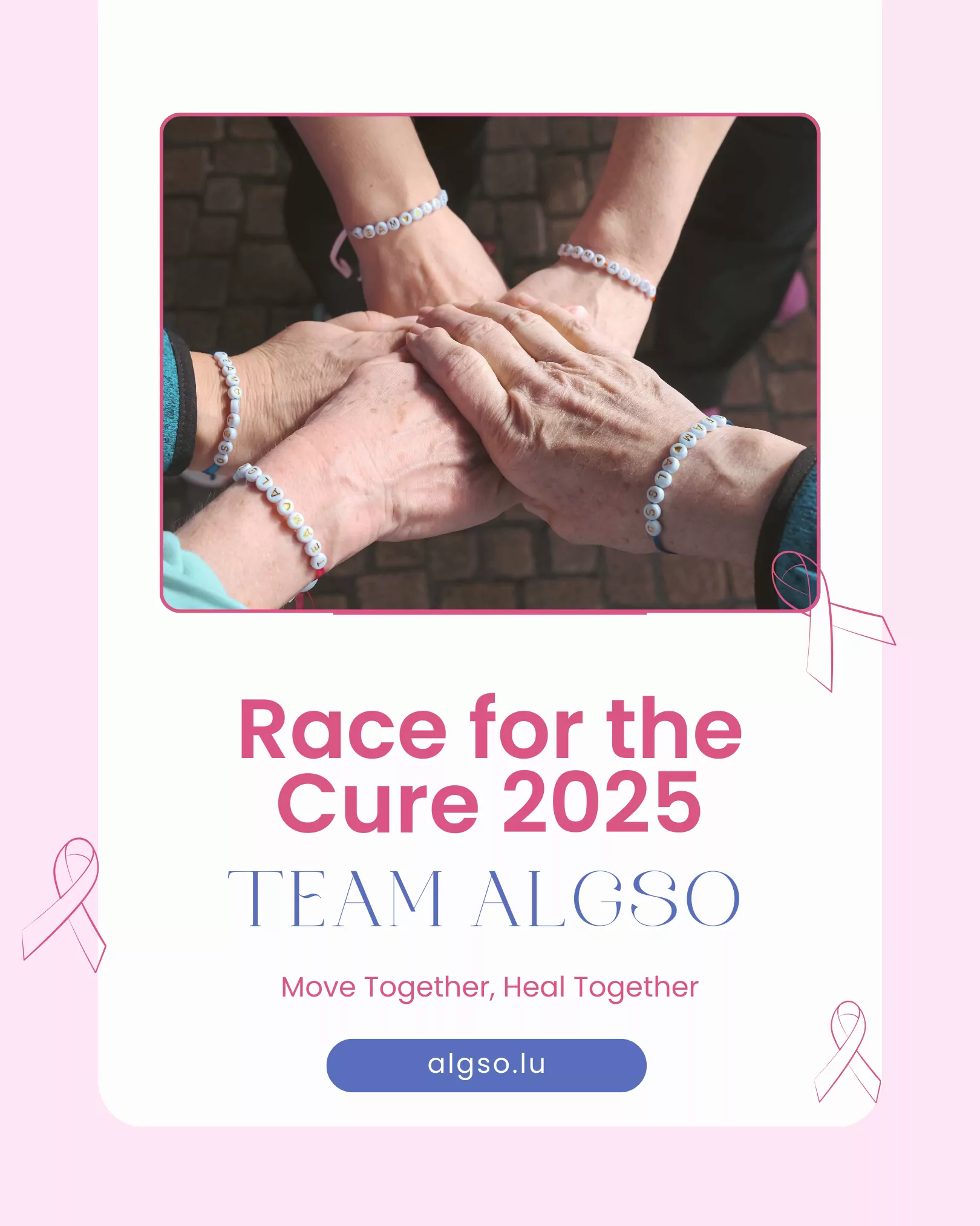 ALGSO Instagram post announcing their participation as Team ALGSO in Race for the Cure 2025 Luxembourg